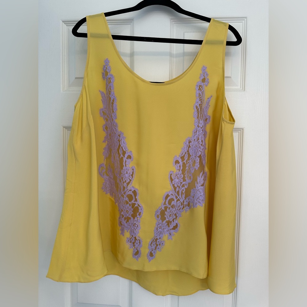 Rosamosario 100% Silk Yellow and Purple Silk Crepe French Lace Camisole Top XXL